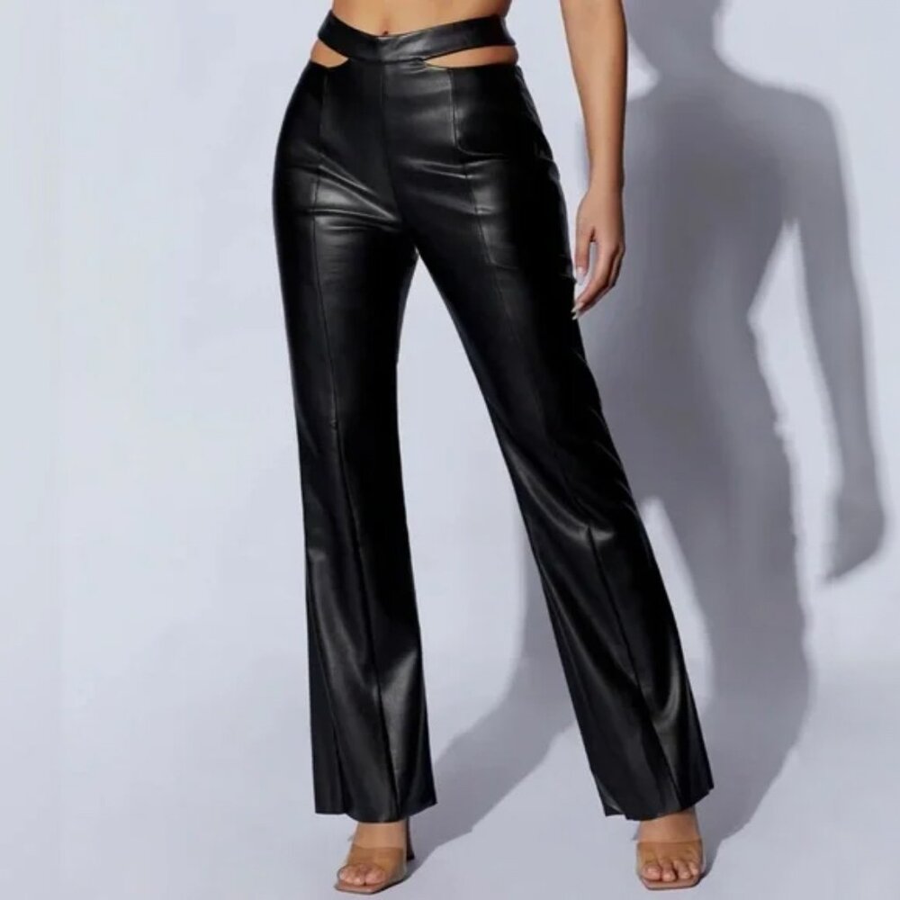 NWT Meshki Callie faux leather cut out side straight leg pant